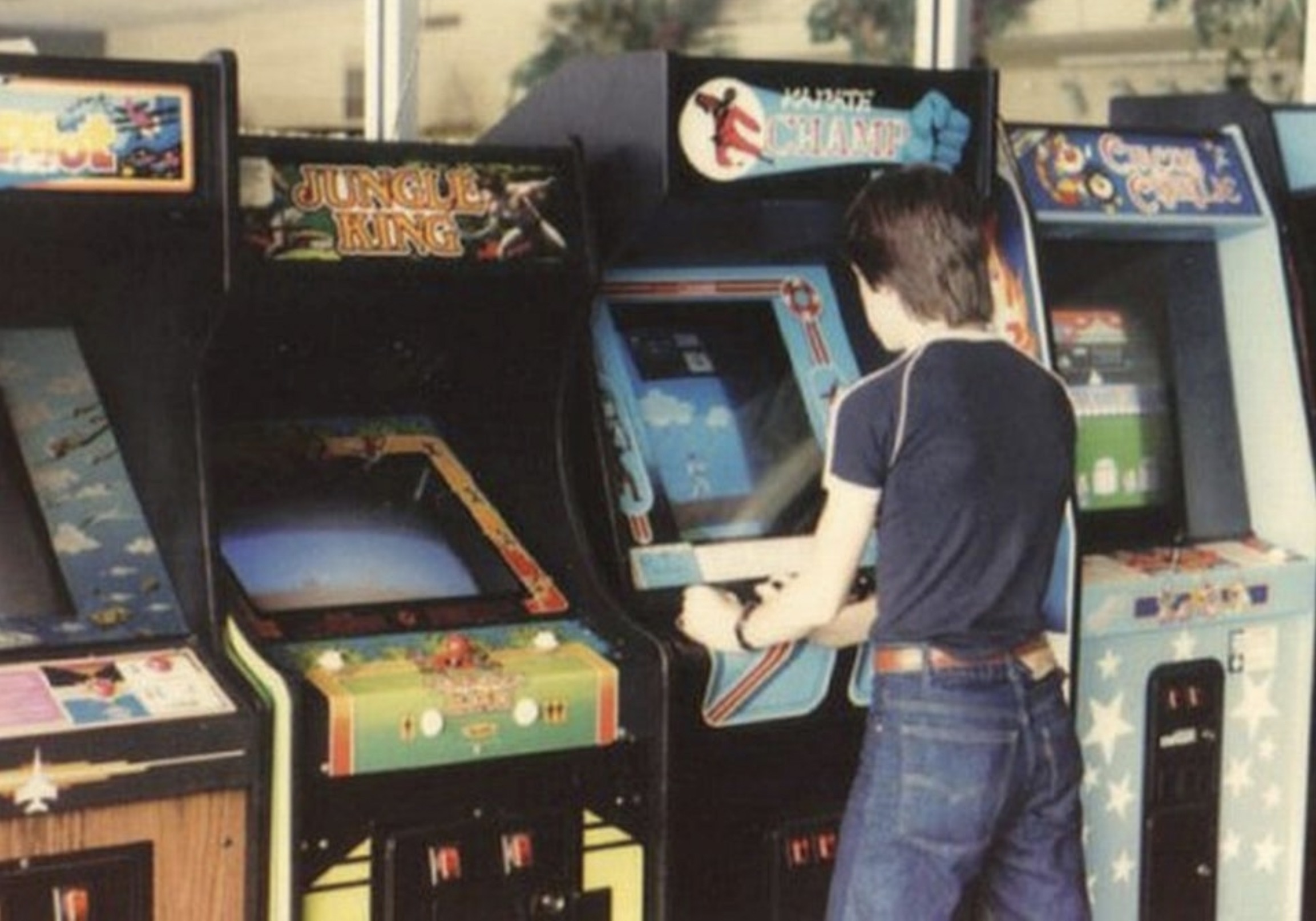 Guy playing Karate Champ at the arcade, 1980s 